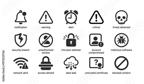 Alert icons set with bell, warning signs, and security symbols in black and white