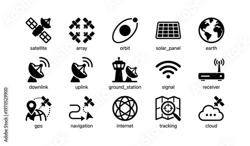 Satellite communication icons: signal, gps, solar panel, cloud, internet, navigation