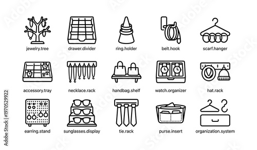 Various closet and accessory organizers illustrated icon set