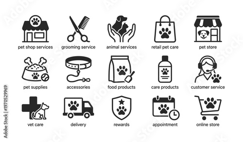 Pet care icons: grooming, retail, services, vet, rewards