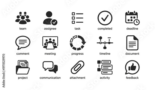 Task management icons: teamwork, deadlines, communication, progress, feedback