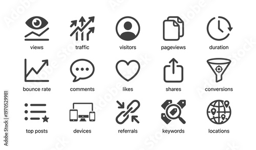 Website analytics icons: views, traffic, visitors, pageviews, and more