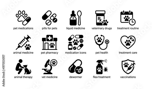Pet medications and health icons: pills, liquid medicine, veterinary care, and treatment symbols
