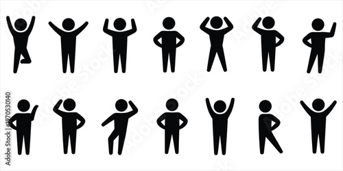 Set of black human pictogram icons in different dynamic poses on white background Keywords: pictogram, icon, human, person