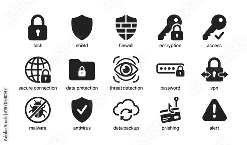 Cybersecurity icons set: lock, shield, firewall, encryption, key, global connection, data protection