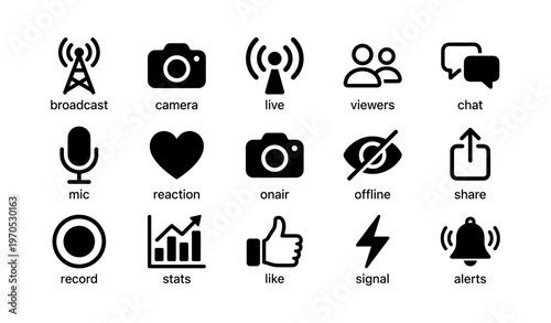 Broadcast icons: live camera, viewers, chat, microphone, share, record, stats, alerts