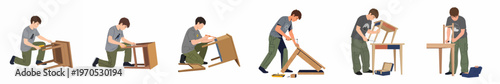 Sequence of a Young Man Assembling Wooden Furniture Step by Step Using Tools in a DIY Project