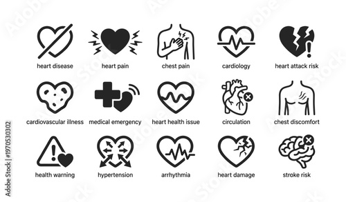 Heart health icons: disease, pain, cardiology, risk, circulation, warning, hypertension
