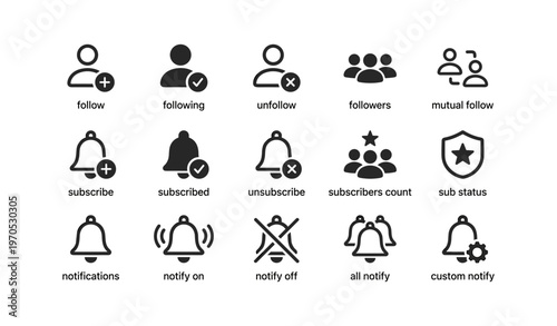 Social media subscription and notification icons set