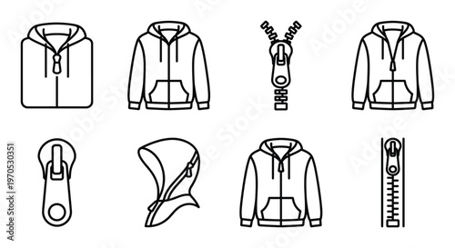Hoodie flat outline vector icon set. zipper and hoodie apparel design. long sleeve top wear