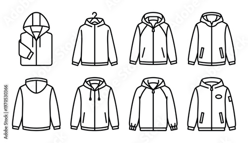 Hooded jackets and zip-up outerwear apparel line art illustrations for fashion designs