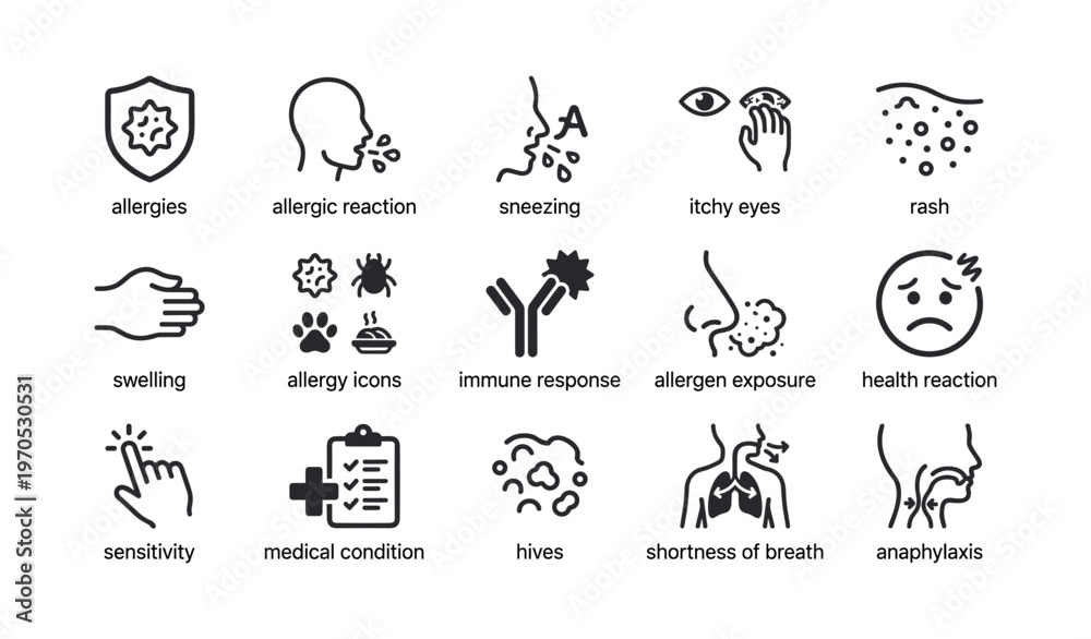 Fototapeta premium Allergy symptoms and reactions icons - sneezing, itchy eyes, rash, swelling, breath shortness