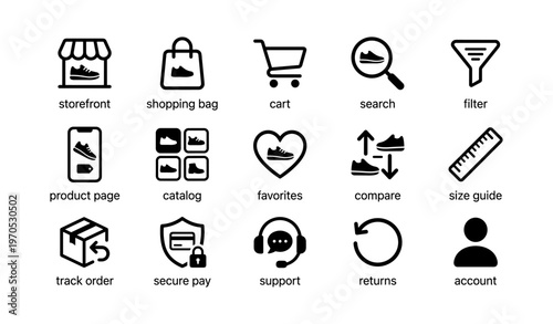 Online shopping icons: storefront, cart, search, filter, account