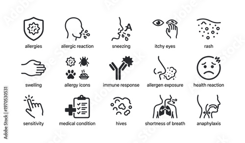 Allergy symptoms and reactions icons - sneezing, itchy eyes, rash, swelling, breath shortness
