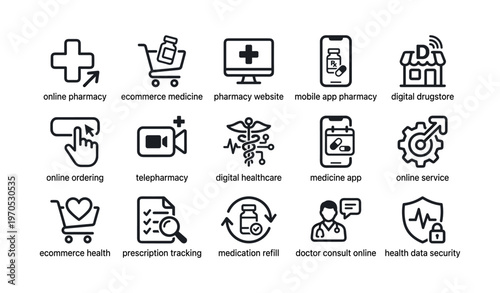 Digital health icons: online pharmacy, telemedicine, ecommerce medicine