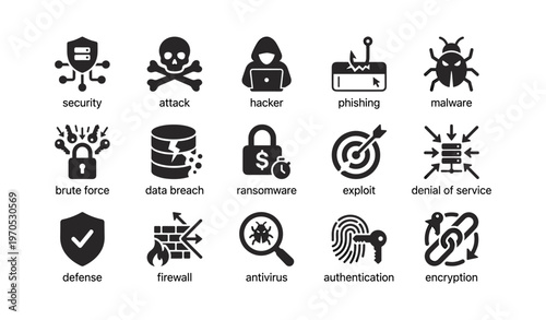 Cybersecurity icons including hacker, malware, phishing, and data breach symbols