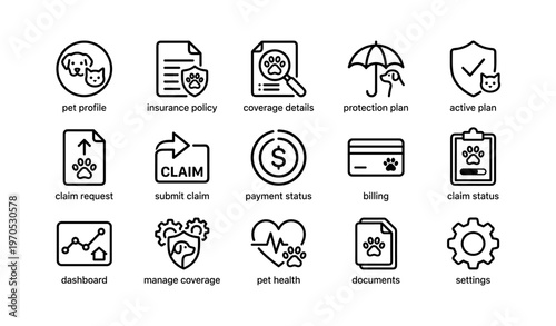 Pet insurance icons: policy, coverage, protection, claims, health management