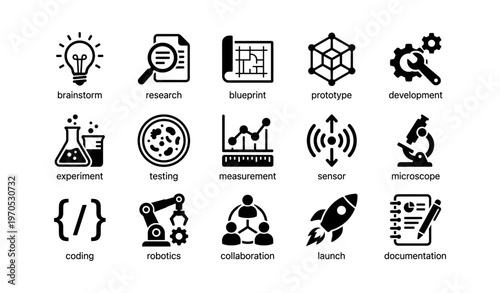 Engineering and development icons: brainstorm, blueprint, robotics, collaboration, launch