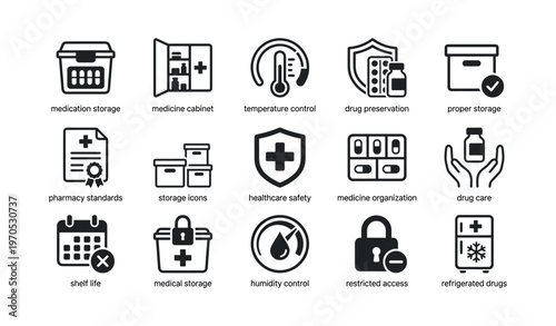 Medicine storage and safety icons for pharmacy and healthcare