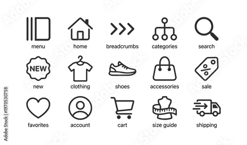 E-commerce icons: menu, home, categories, search, cart, shipping, sale, accessories, clothing