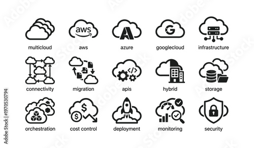 Cloud computing icons: multicloud, aws, azure, google cloud, infrastructure solutions