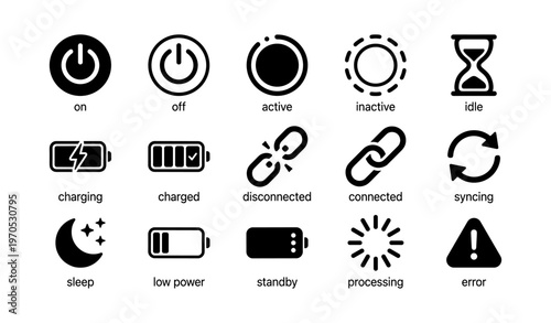 Icon set representing power states and connectivity features with symbols