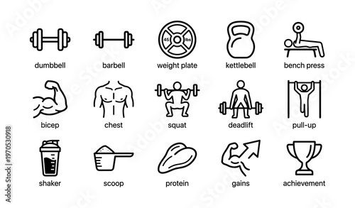 Fitness icon set: dumbbell, barbell, kettlebell, and more for training visualization