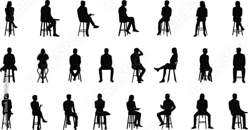 Silhouettes of people sitting on stools in various poses on white background chair