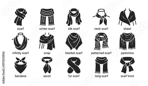 Various styles of scarves and shawls: silk, neck, infinity, patterned, pashmina