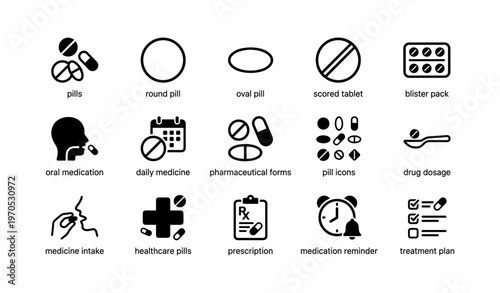 Pharmaceutical symbols: pill forms, dosage, medication, healthcare, treatment