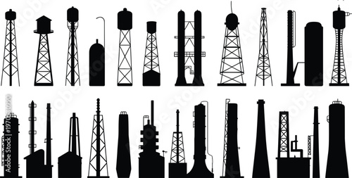 Silhouettes of industrial towers and structures against a white background factory chimney