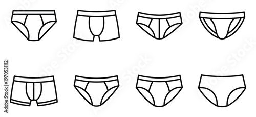 Mens underwear line icons displaying various styles of briefs and boxer shorts for comfortable fitting