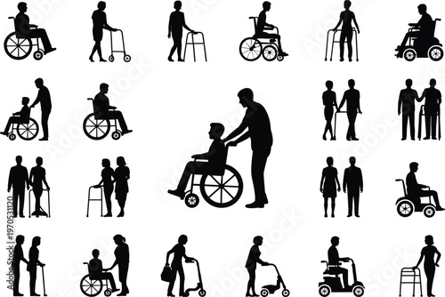 Silhouettes of People with Mobility Aids and Wheelchairs for Healthcare and Assistance walker
