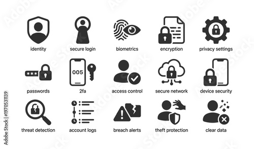 Security icons set: identity, biometrics, encryption, privacy, network protection