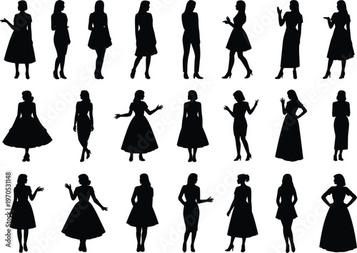 Silhouettes of women in elegant dresses and poses on white background gowns