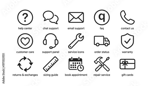 Customer support icons for help center, faq, warranty, and service tools