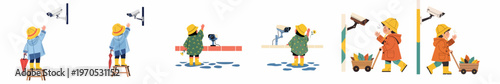 Illustrations of a young child in a raincoat interacting with surveillance cameras in different outdoor scenes, showing themes of safety and curiosity.