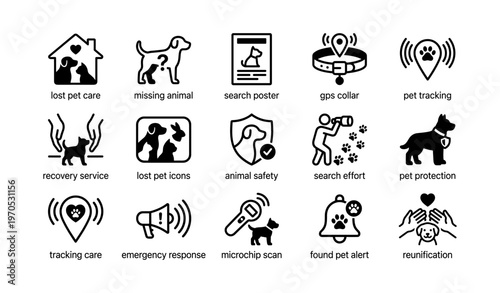 Lost pet care icons: tracking, safety, recovery, reunification strategies