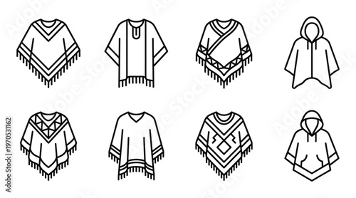 Mexican poncho line icons featuring ethnic patterns traditional latin american capes and rain hoods
