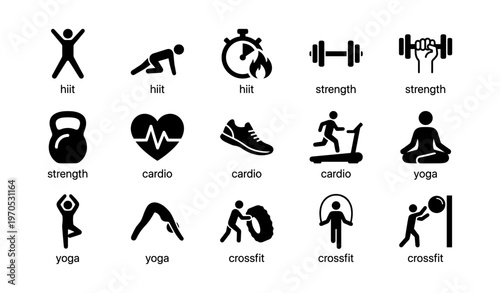 Icon set of hiit, strength, cardio, yoga, and crossfit activities
