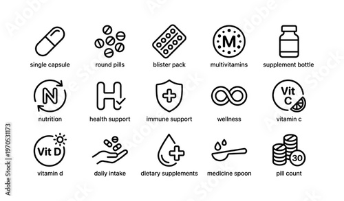 Icon set of supplements and vitamins for health and wellness support