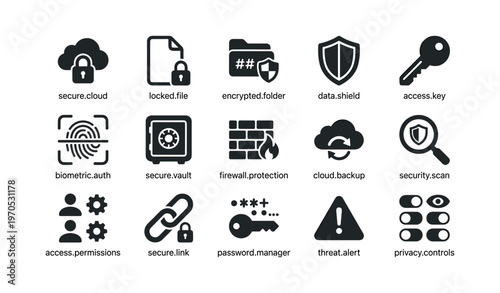 Cybersecurity icons: secure cloud, locked file, encrypted folder, data shield