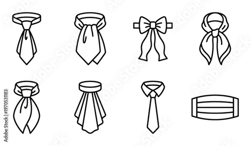 Necktie and scarf line icons illustrating formal accessories including bowties and cravats for outfits