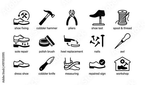 Footwear repair tools icons: hammer, pliers, shoe last, thread, nails, awl, knife