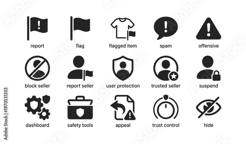 E-commerce symbols: report, flag, protection icons for user safety and trust