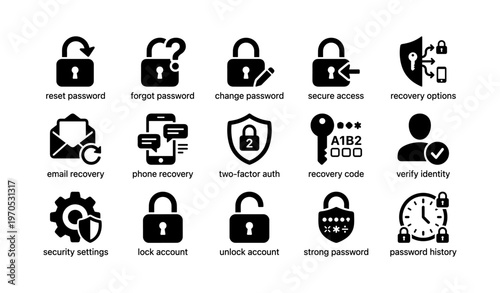 Security and recovery icon set for password and account protection