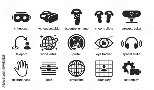 Virtual reality icons: headset, controllers, trackers, and more
