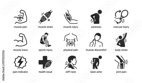 Icons depicting muscle pain and injuries including strain and soreness
