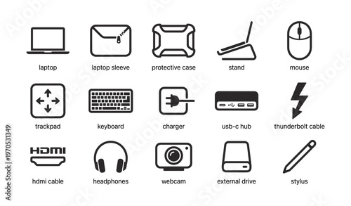 Tech accessories icons: laptop, protective case, keyboard, charger, usb-c hub