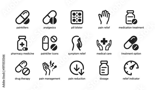 Medical icons set featuring painkillers pills syrup hands and relief indicators